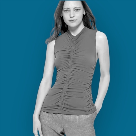 Calvin Klein blue sleeveless ruched top, stretchy, teal blue, size Large - Picture 2 of 12